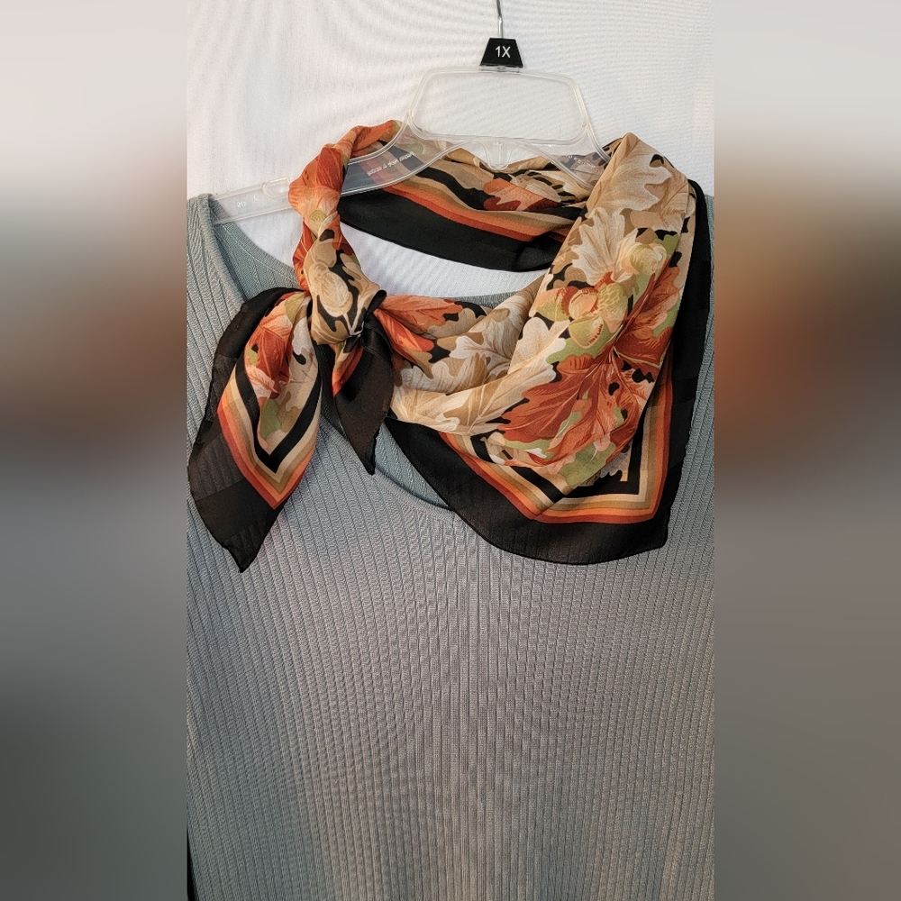 Vintage Scarf Made in Italy Leaves in Black, Orange, Brown Tones - Picture 2 of 7